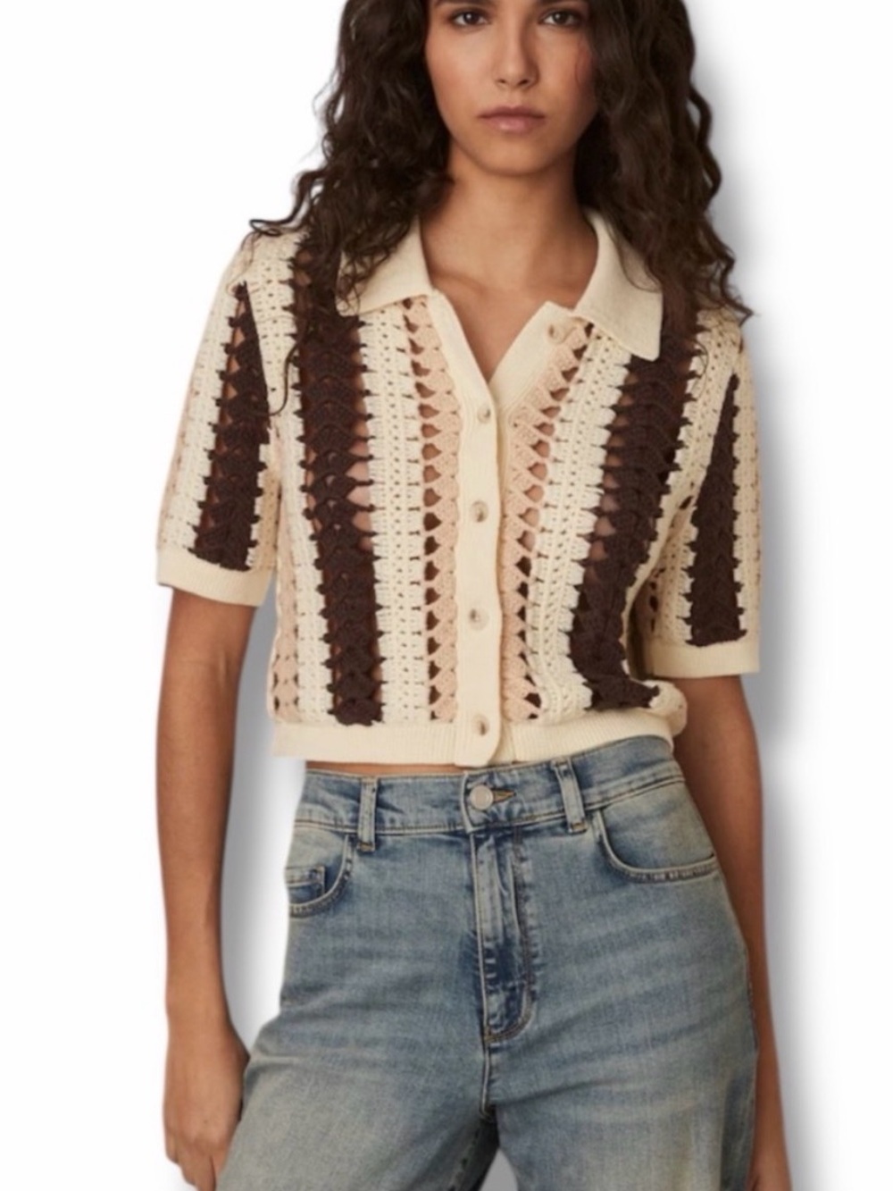 Reiss Crochet Knit Striped Collared Cardigan Cream Brown Beige Size M